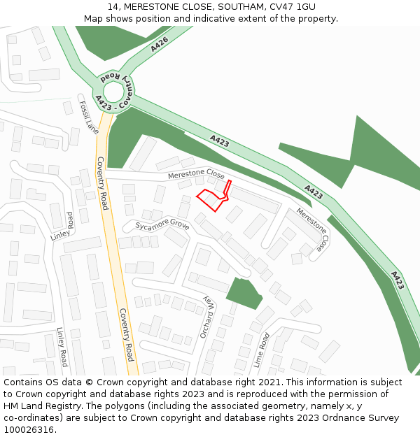 14, MERESTONE CLOSE, SOUTHAM, CV47 1GU: Location map and indicative extent of plot