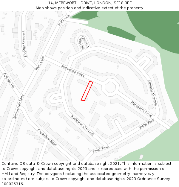 14, MEREWORTH DRIVE, LONDON, SE18 3EE: Location map and indicative extent of plot
