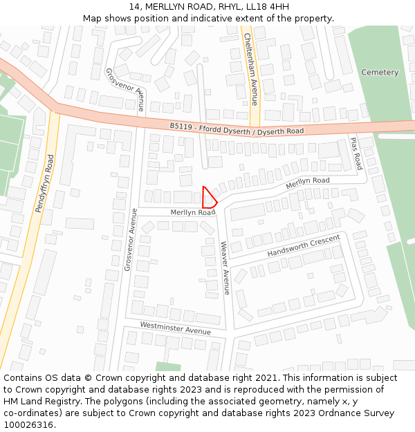 14, MERLLYN ROAD, RHYL, LL18 4HH: Location map and indicative extent of plot