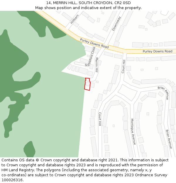 14, MERRIN HILL, SOUTH CROYDON, CR2 0SD: Location map and indicative extent of plot