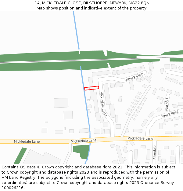 14, MICKLEDALE CLOSE, BILSTHORPE, NEWARK, NG22 8QN: Location map and indicative extent of plot