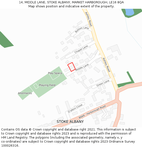 14, MIDDLE LANE, STOKE ALBANY, MARKET HARBOROUGH, LE16 8QA: Location map and indicative extent of plot