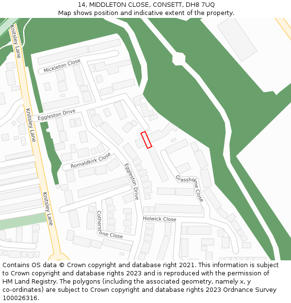 14, MIDDLETON CLOSE, CONSETT, DH8 7UQ: Location map and indicative extent of plot