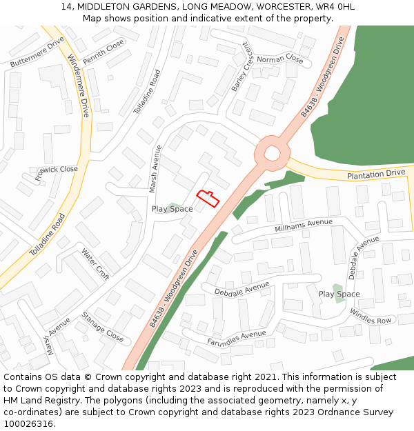 14, MIDDLETON GARDENS, LONG MEADOW, WORCESTER, WR4 0HL: Location map and indicative extent of plot