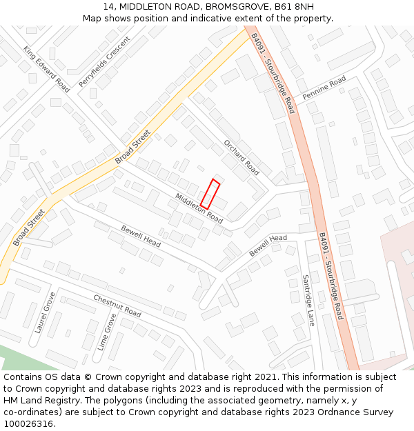 14, MIDDLETON ROAD, BROMSGROVE, B61 8NH: Location map and indicative extent of plot