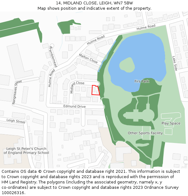 14, MIDLAND CLOSE, LEIGH, WN7 5BW: Location map and indicative extent of plot