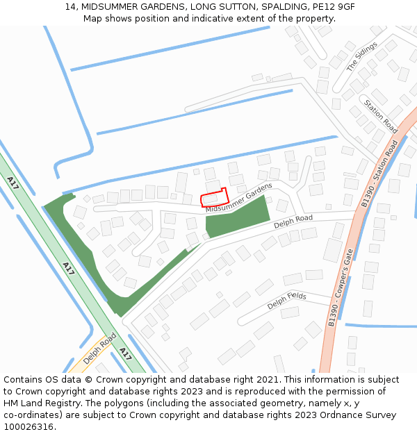 14, MIDSUMMER GARDENS, LONG SUTTON, SPALDING, PE12 9GF: Location map and indicative extent of plot