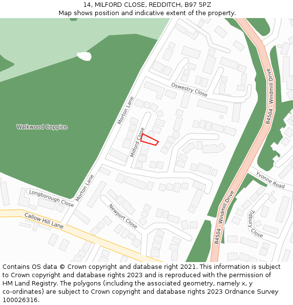 14, MILFORD CLOSE, REDDITCH, B97 5PZ: Location map and indicative extent of plot