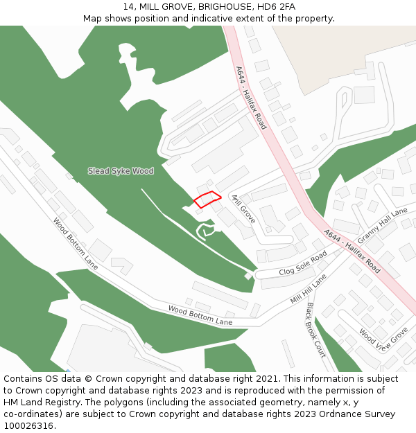 14, MILL GROVE, BRIGHOUSE, HD6 2FA: Location map and indicative extent of plot