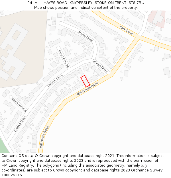 14, MILL HAYES ROAD, KNYPERSLEY, STOKE-ON-TRENT, ST8 7BU: Location map and indicative extent of plot