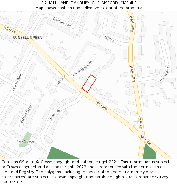 14, MILL LANE, DANBURY, CHELMSFORD, CM3 4LF: Location map and indicative extent of plot