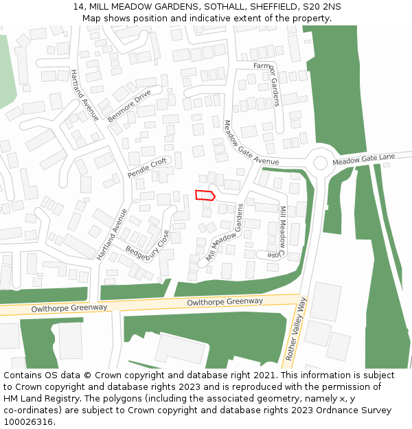 14, MILL MEADOW GARDENS, SOTHALL, SHEFFIELD, S20 2NS: Location map and indicative extent of plot