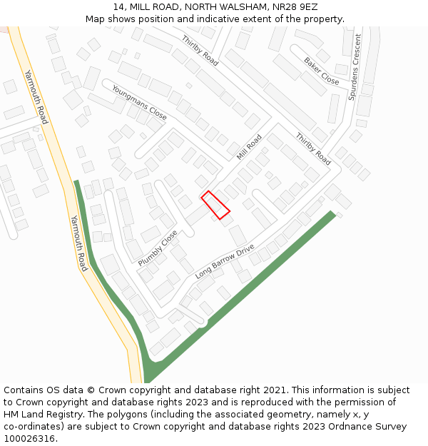 14, MILL ROAD, NORTH WALSHAM, NR28 9EZ: Location map and indicative extent of plot