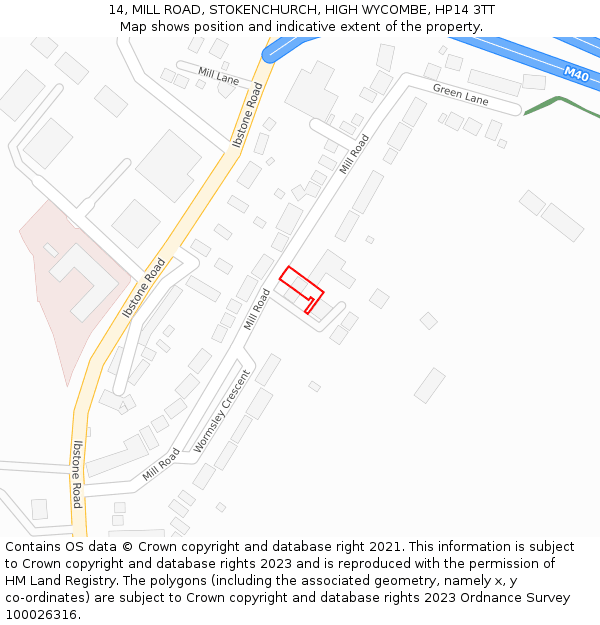 14, MILL ROAD, STOKENCHURCH, HIGH WYCOMBE, HP14 3TT: Location map and indicative extent of plot