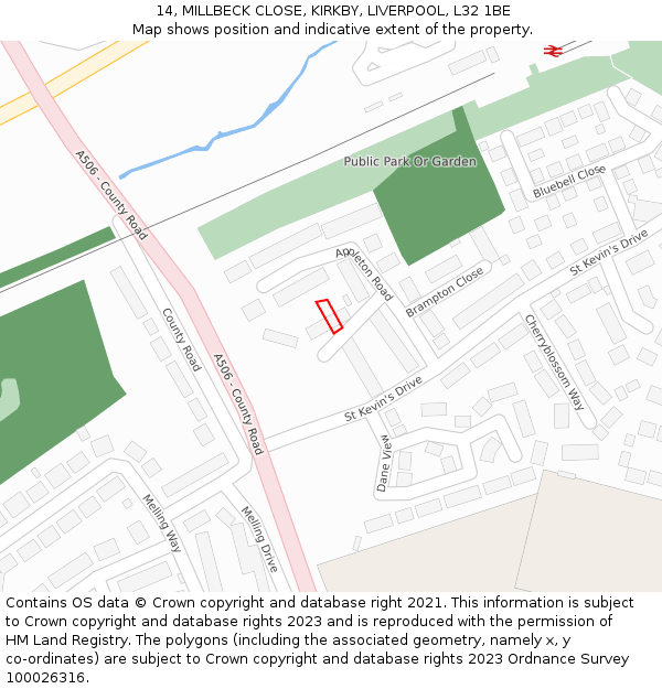 14, MILLBECK CLOSE, KIRKBY, LIVERPOOL, L32 1BE: Location map and indicative extent of plot