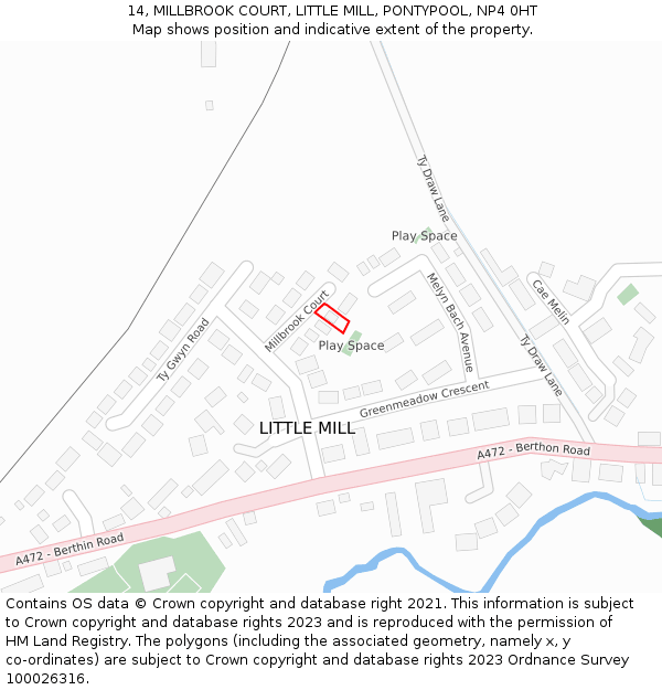 14, MILLBROOK COURT, LITTLE MILL, PONTYPOOL, NP4 0HT: Location map and indicative extent of plot