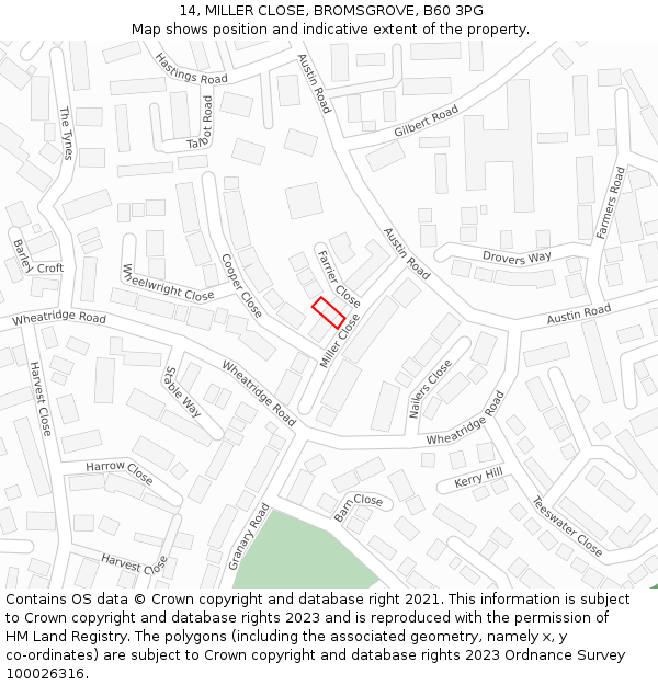 14, MILLER CLOSE, BROMSGROVE, B60 3PG: Location map and indicative extent of plot