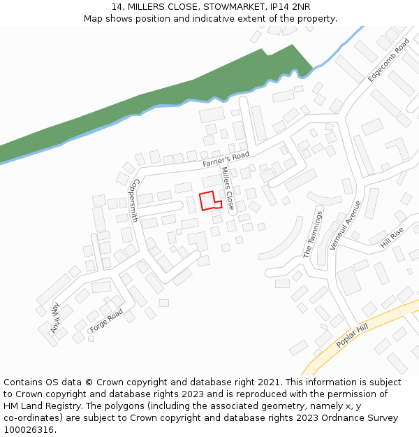 14, MILLERS CLOSE, STOWMARKET, IP14 2NR: Location map and indicative extent of plot