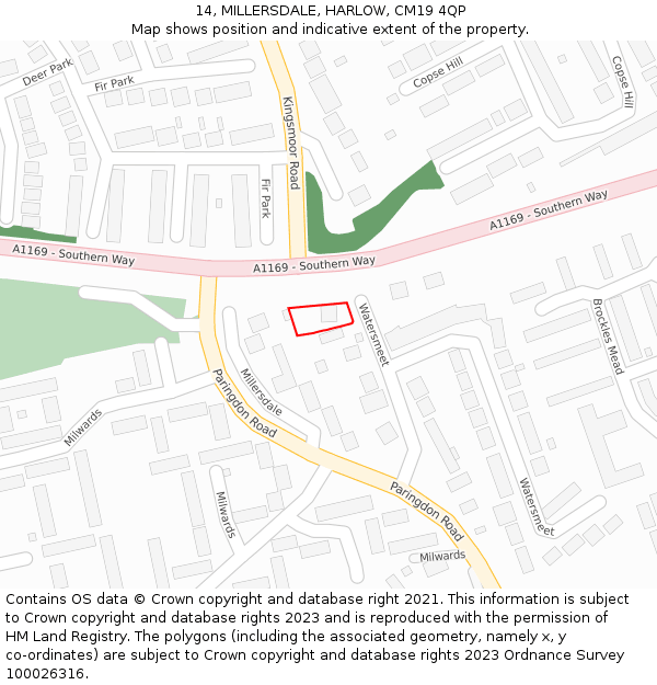 14, MILLERSDALE, HARLOW, CM19 4QP: Location map and indicative extent of plot