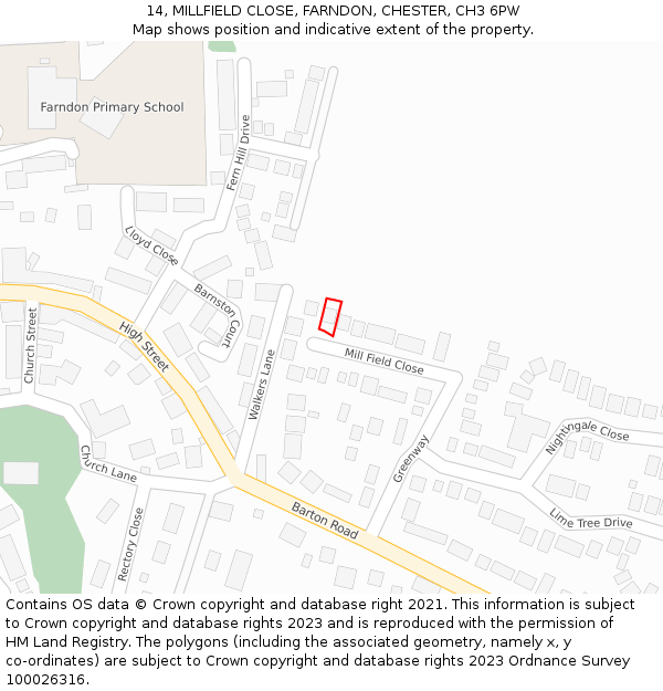 14, MILLFIELD CLOSE, FARNDON, CHESTER, CH3 6PW: Location map and indicative extent of plot