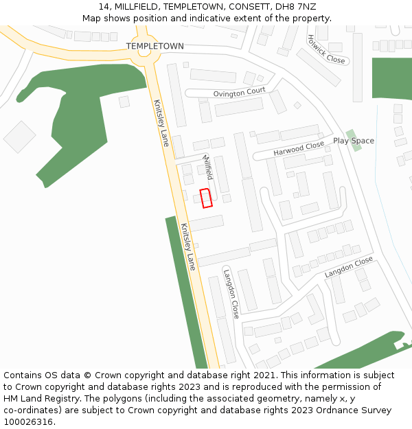 14, MILLFIELD, TEMPLETOWN, CONSETT, DH8 7NZ: Location map and indicative extent of plot