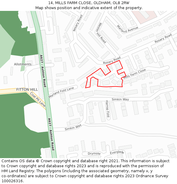 14, MILLS FARM CLOSE, OLDHAM, OL8 2RW: Location map and indicative extent of plot