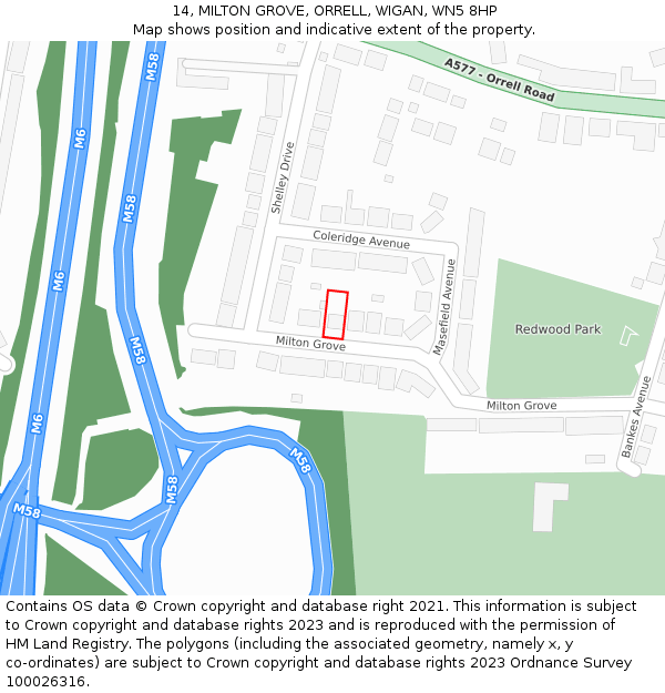 14, MILTON GROVE, ORRELL, WIGAN, WN5 8HP: Location map and indicative extent of plot