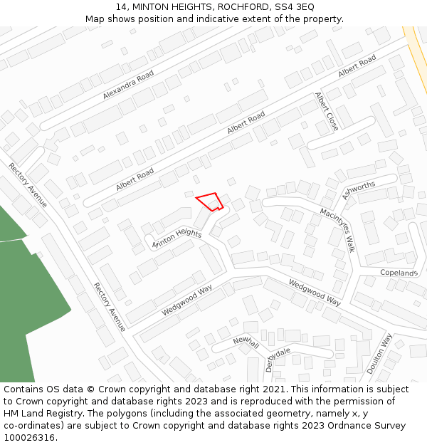 14, MINTON HEIGHTS, ROCHFORD, SS4 3EQ: Location map and indicative extent of plot