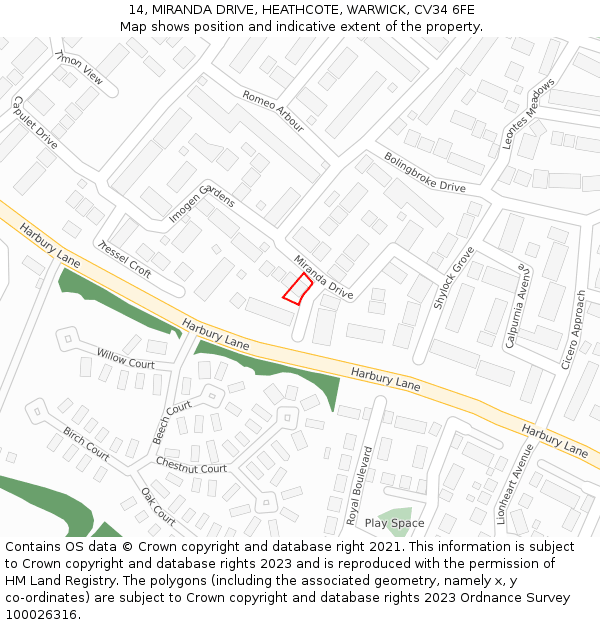 14, MIRANDA DRIVE, HEATHCOTE, WARWICK, CV34 6FE: Location map and indicative extent of plot