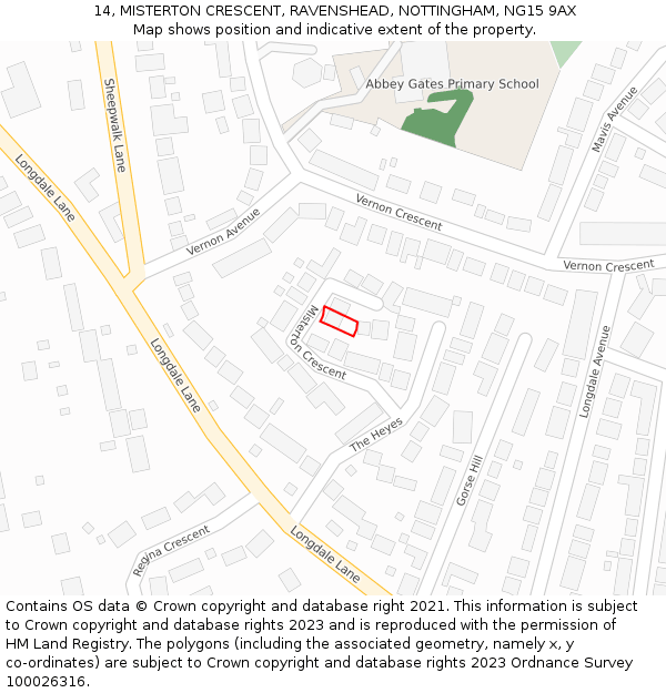 14, MISTERTON CRESCENT, RAVENSHEAD, NOTTINGHAM, NG15 9AX: Location map and indicative extent of plot