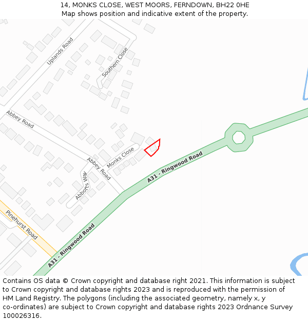 14, MONKS CLOSE, WEST MOORS, FERNDOWN, BH22 0HE: Location map and indicative extent of plot