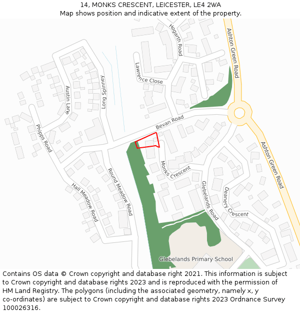 14, MONKS CRESCENT, LEICESTER, LE4 2WA: Location map and indicative extent of plot