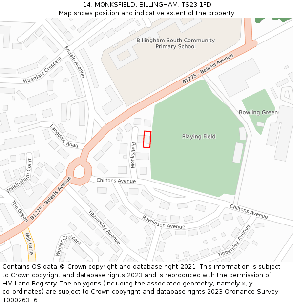 14, MONKSFIELD, BILLINGHAM, TS23 1FD: Location map and indicative extent of plot