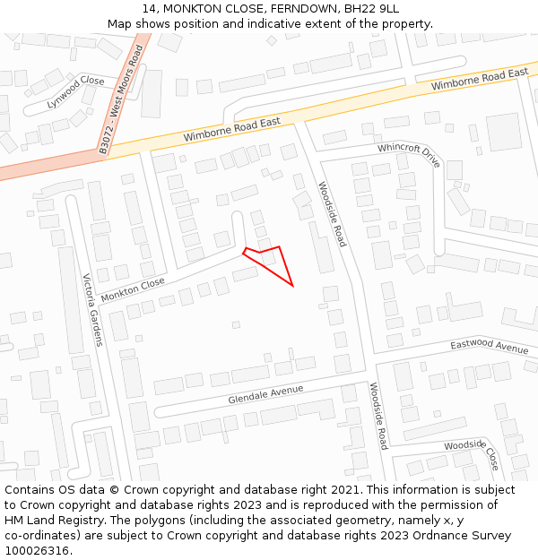 14, MONKTON CLOSE, FERNDOWN, BH22 9LL: Location map and indicative extent of plot