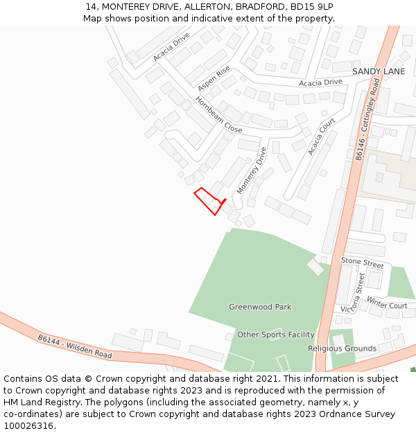 14, MONTEREY DRIVE, ALLERTON, BRADFORD, BD15 9LP: Location map and indicative extent of plot