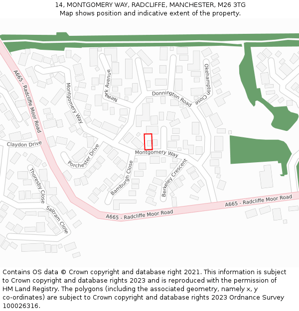 14, MONTGOMERY WAY, RADCLIFFE, MANCHESTER, M26 3TG: Location map and indicative extent of plot