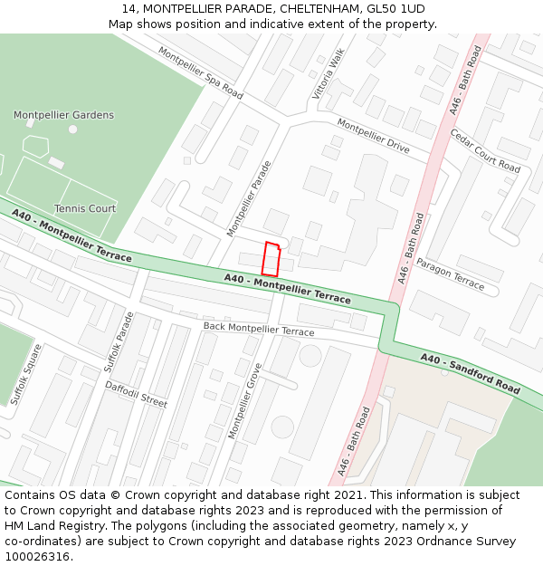 14, MONTPELLIER PARADE, CHELTENHAM, GL50 1UD: Location map and indicative extent of plot