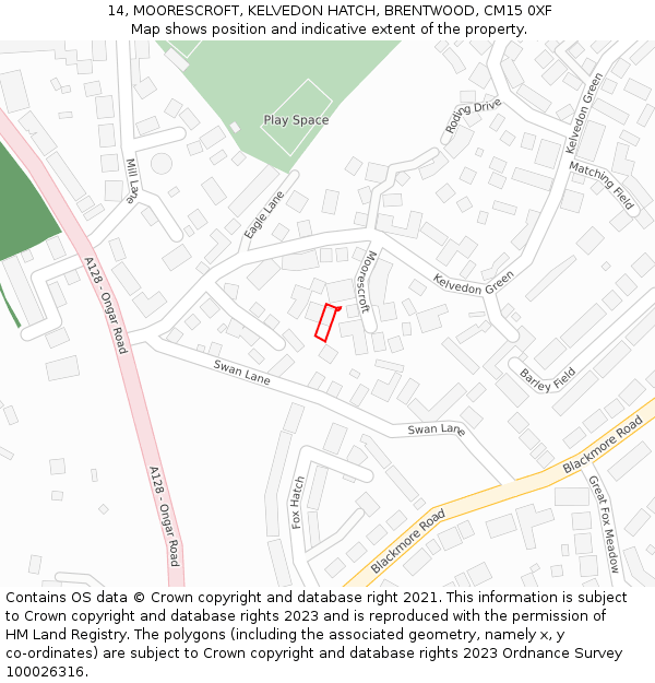 14, MOORESCROFT, KELVEDON HATCH, BRENTWOOD, CM15 0XF: Location map and indicative extent of plot