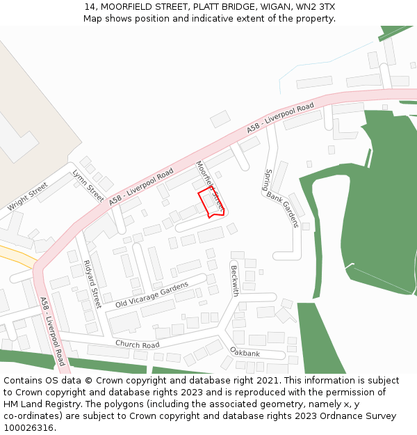 14, MOORFIELD STREET, PLATT BRIDGE, WIGAN, WN2 3TX: Location map and indicative extent of plot