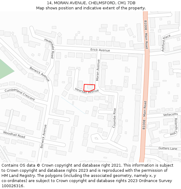 14, MORAN AVENUE, CHELMSFORD, CM1 7DB: Location map and indicative extent of plot