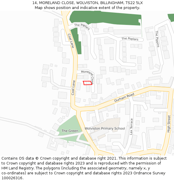 14, MORELAND CLOSE, WOLVISTON, BILLINGHAM, TS22 5LX: Location map and indicative extent of plot