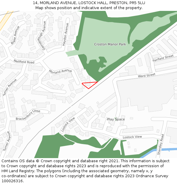 14, MORLAND AVENUE, LOSTOCK HALL, PRESTON, PR5 5LU: Location map and indicative extent of plot