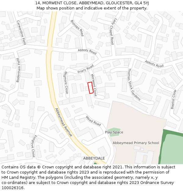 14, MORWENT CLOSE, ABBEYMEAD, GLOUCESTER, GL4 5YJ: Location map and indicative extent of plot