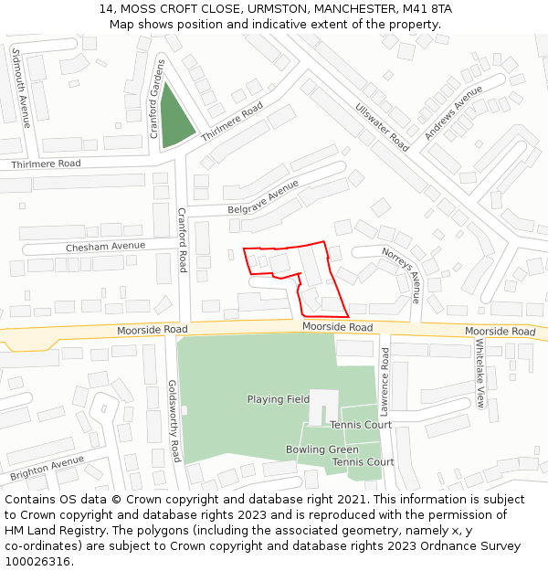 14, MOSS CROFT CLOSE, URMSTON, MANCHESTER, M41 8TA: Location map and indicative extent of plot