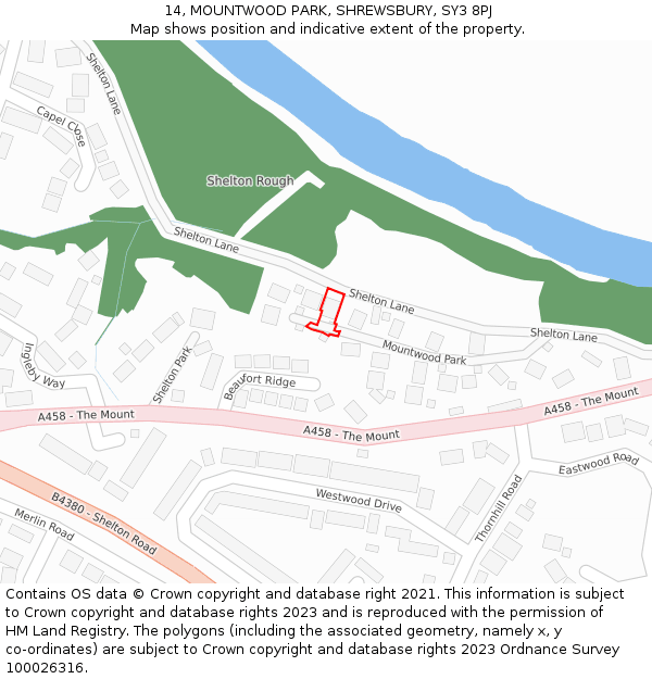 14, MOUNTWOOD PARK, SHREWSBURY, SY3 8PJ: Location map and indicative extent of plot