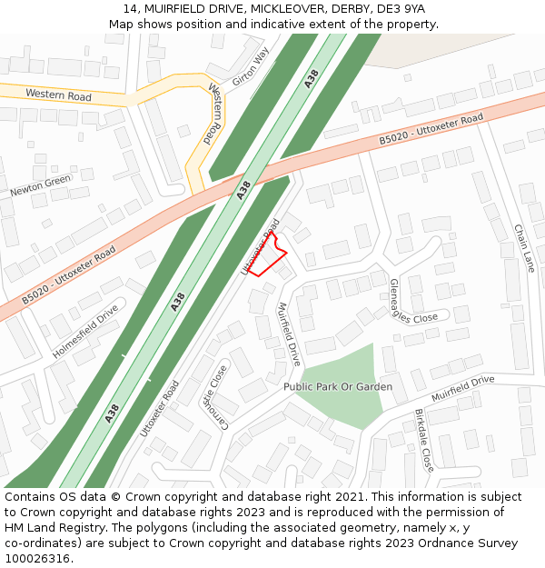 14, MUIRFIELD DRIVE, MICKLEOVER, DERBY, DE3 9YA: Location map and indicative extent of plot