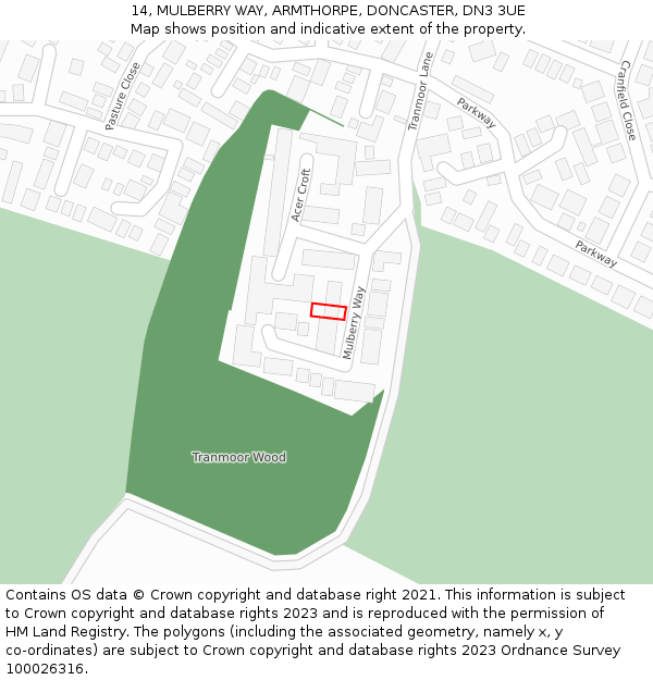 14, MULBERRY WAY, ARMTHORPE, DONCASTER, DN3 3UE: Location map and indicative extent of plot