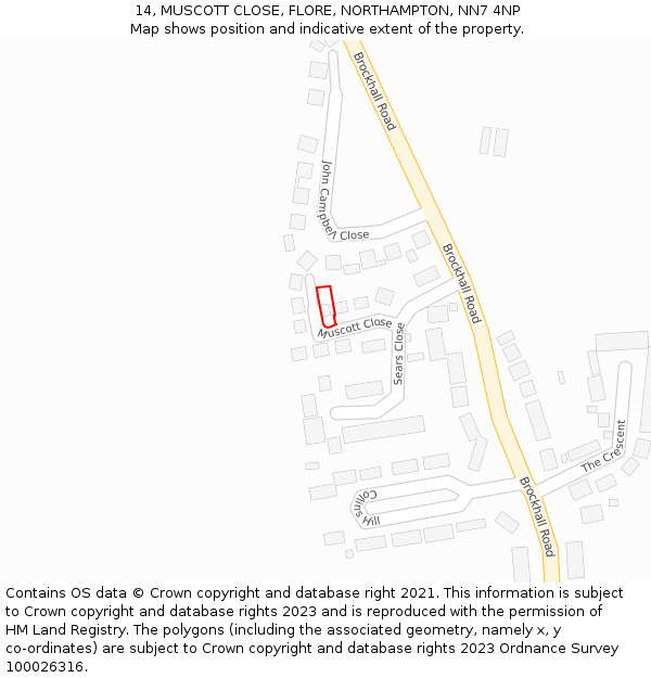 14, MUSCOTT CLOSE, FLORE, NORTHAMPTON, NN7 4NP: Location map and indicative extent of plot