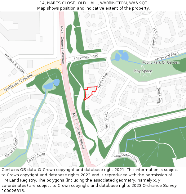 14, NARES CLOSE, OLD HALL, WARRINGTON, WA5 9QT: Location map and indicative extent of plot