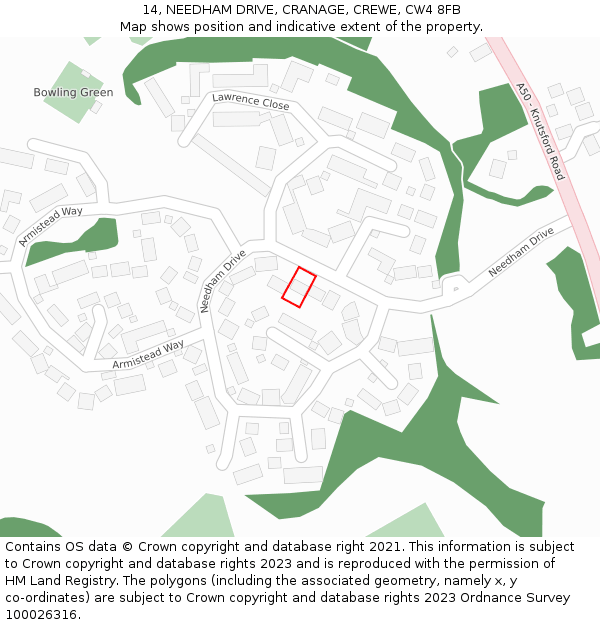 14, NEEDHAM DRIVE, CRANAGE, CREWE, CW4 8FB: Location map and indicative extent of plot